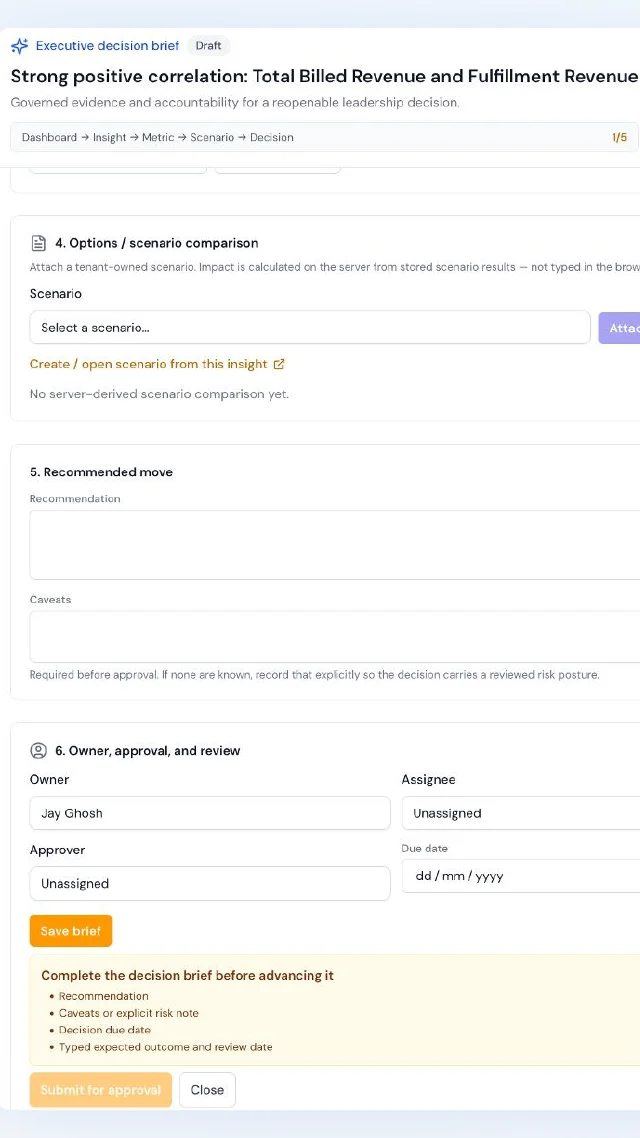 Decision governance screen with owners and audit history